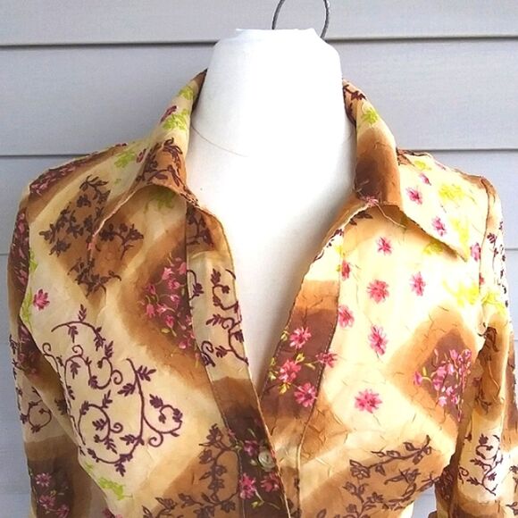 Blouse Chiffon Sheer Button Front 3/4 Length Sleeves Boho Patchwork Look… - Picture 6 of 16